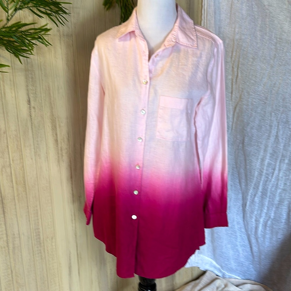 Soft Surroundings 100 linen pink ombre tunic button-up tunic long sleeve EUC Sm